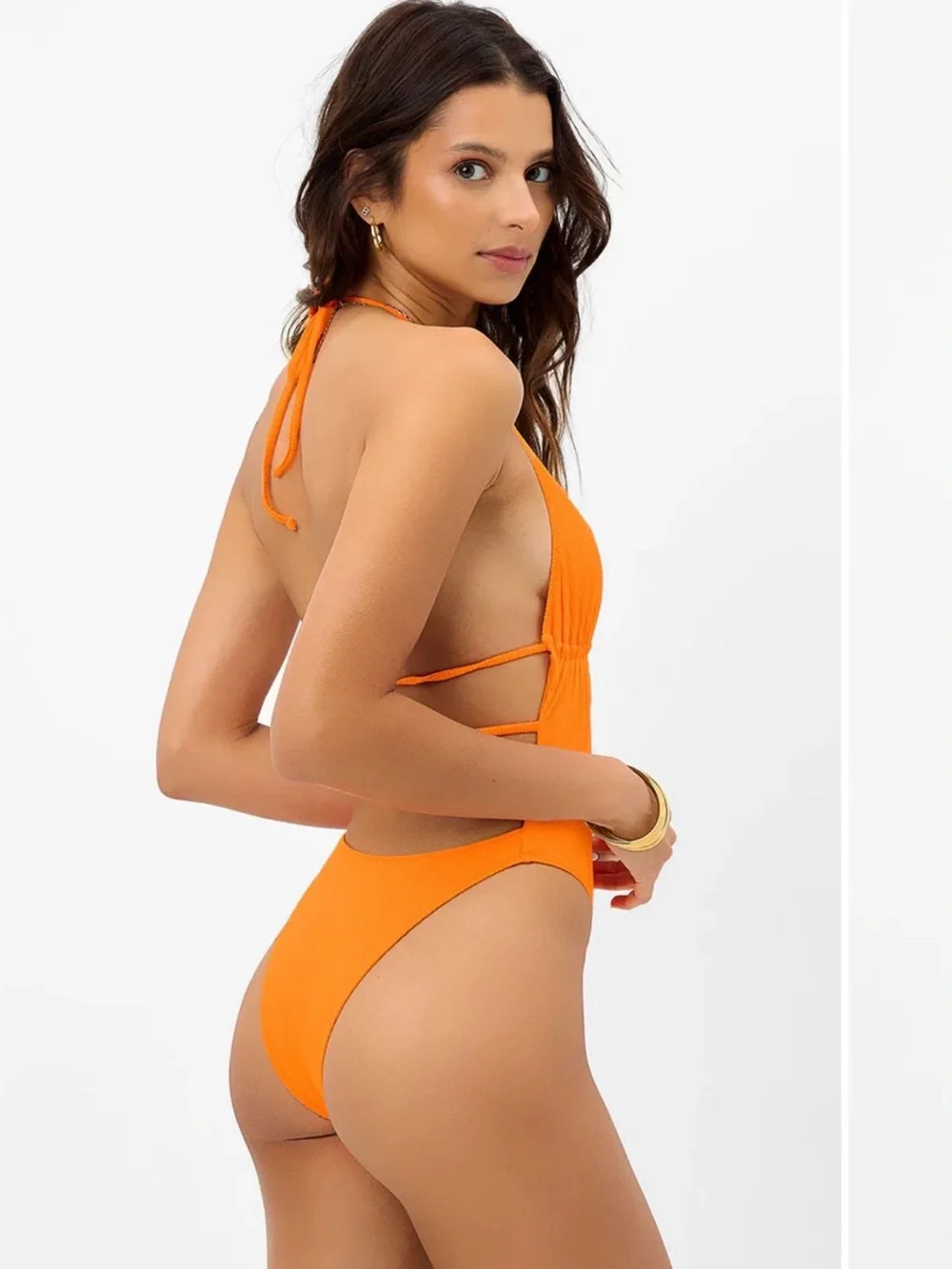 Frankie's Bikinis Paris Plissé Halter One-Piece in Bright Orange